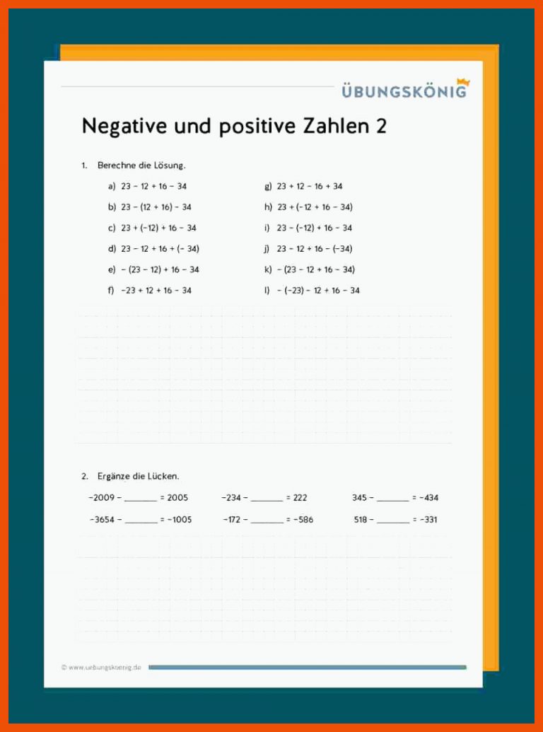 Positive Und Negative Ganze Zahlen Fuer Addition Und Subtraktion Negativer Zahlen Arbeitsblatt