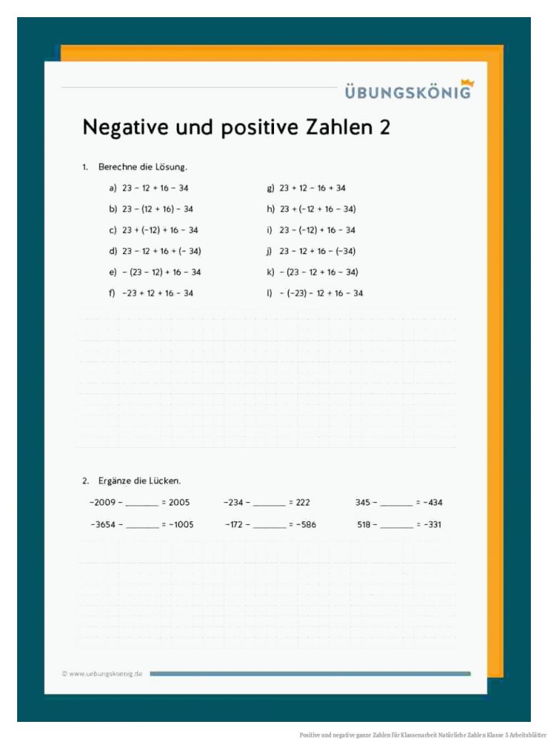 Positive und negative ganze Zahlen für Klassenarbeit Natürliche Zahlen Klasse 5 Arbeitsblätter