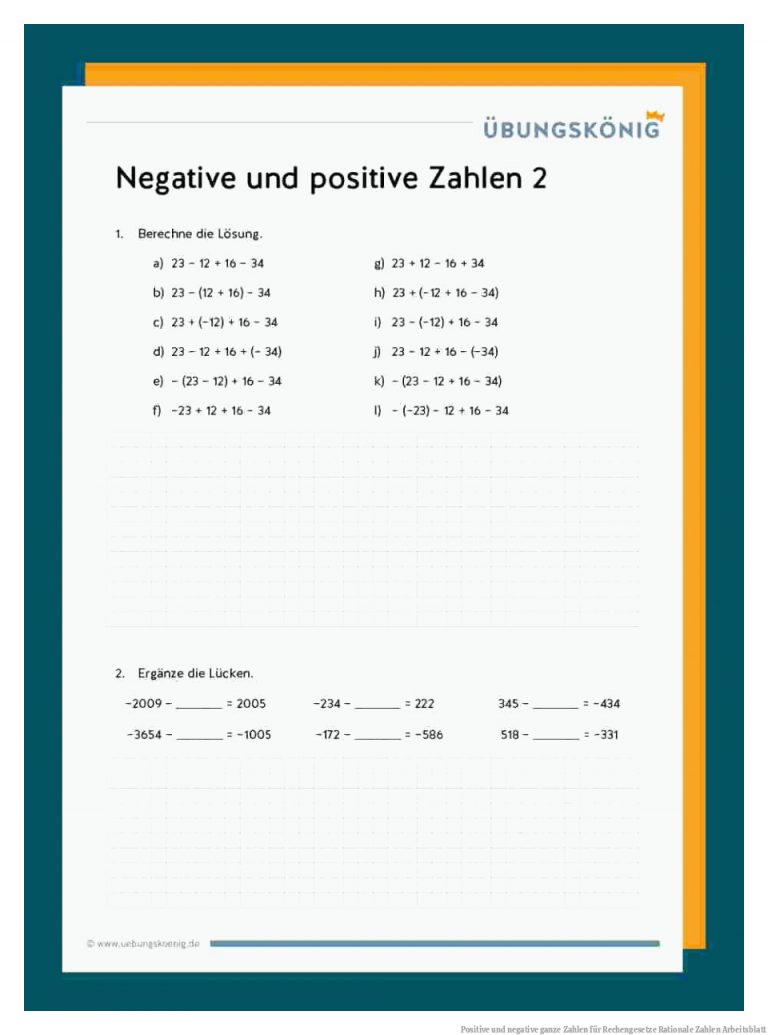 Positive und negative ganze Zahlen für Rechengesetze Rationale Zahlen Arbeitsblatt