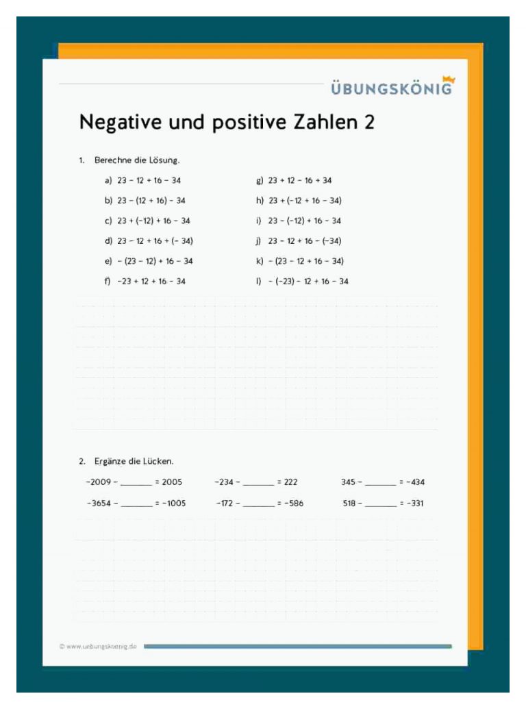 Positive Und Negative Ganze Zahlen Fuer Rechnen Mit Negativen Zahlen Arbeitsblätter