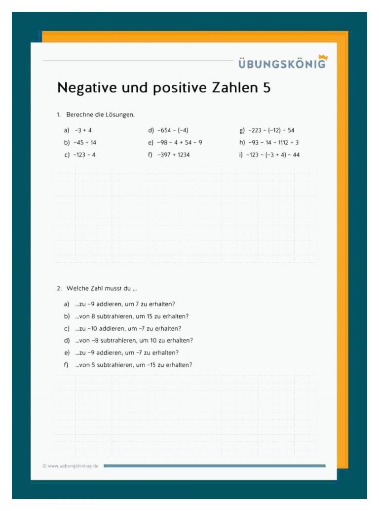 Positive Und Negative Ganze Zahlen Fuer Rechnen Mit Rationale Zahlen Arbeitsblätter Mit Lösungen 7. Klasse