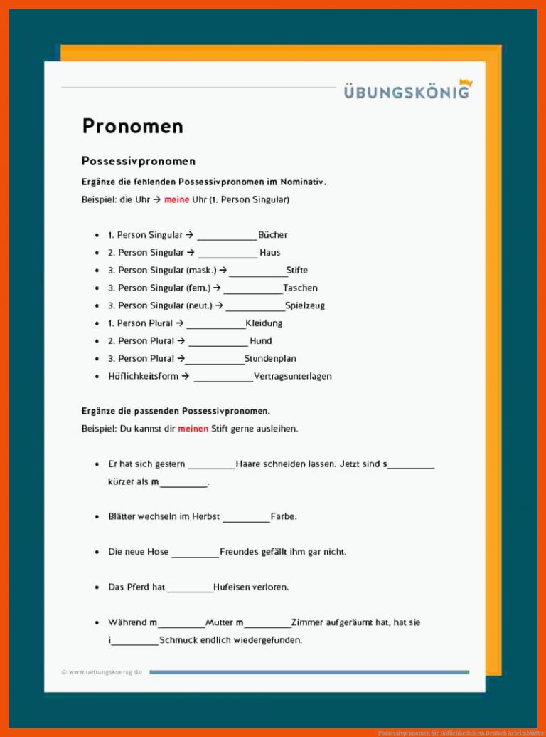 Possessivpronomen für höflichkeitsform deutsch arbeitsblätter