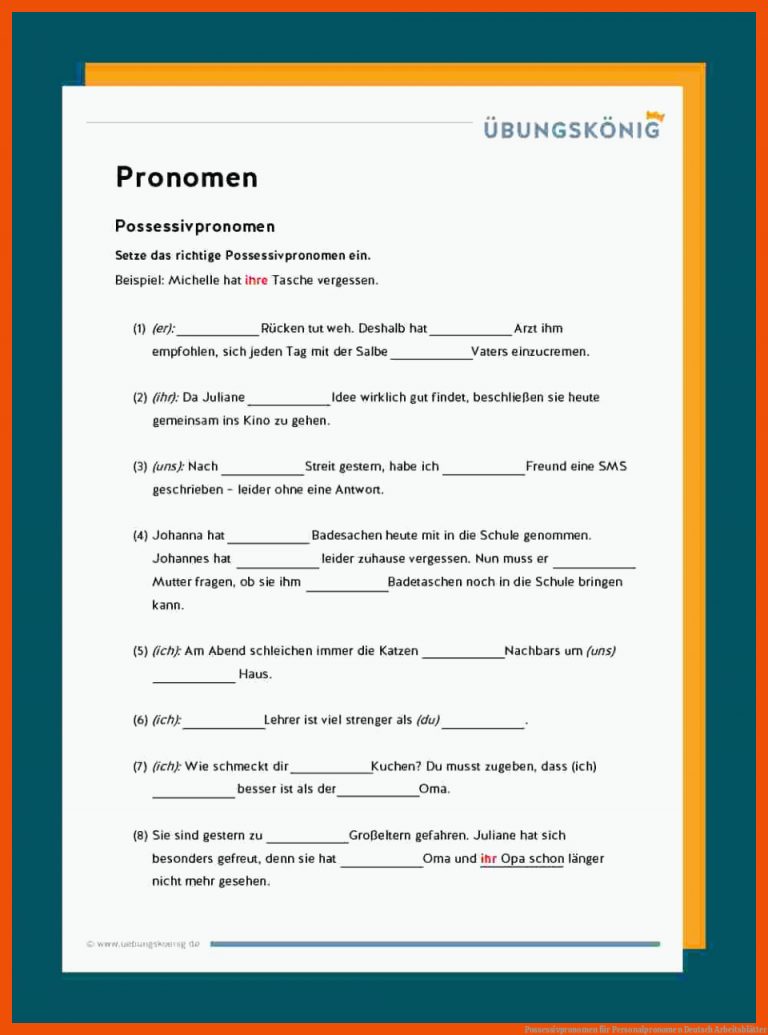 Possessivpronomen für personalpronomen deutsch arbeitsblätter