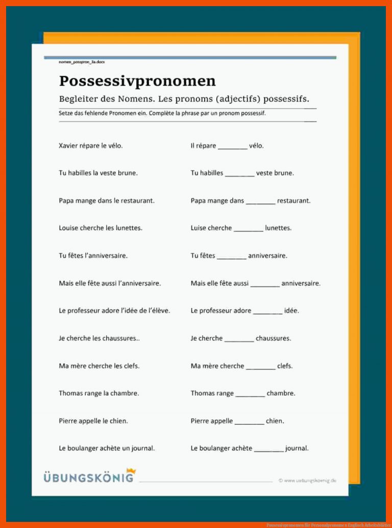 Possessivpronomen für personalpronomen englisch arbeitsblätter