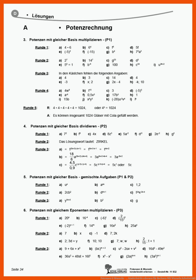 Potenzen & Wurzeln - ... Kinderleicht Erlernen Fuer Rechnen Mit Wurzeln Arbeitsblatt