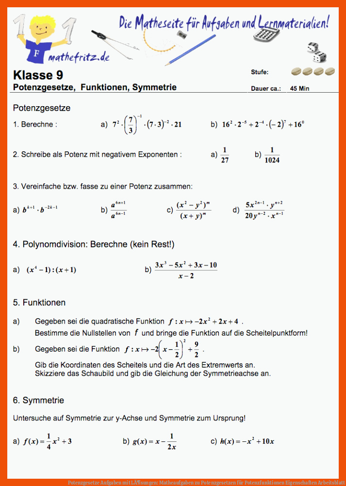 Potenzgesetze Aufgaben mit LÃ¶sungen: Matheaufgaben zu Potenzgesetzen für potenzfunktionen eigenschaften arbeitsblatt