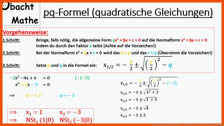 Pq-Formel - Quadratische Gleichungen - Nullstellen berechen mit ... für pq-formel arbeitsblatt