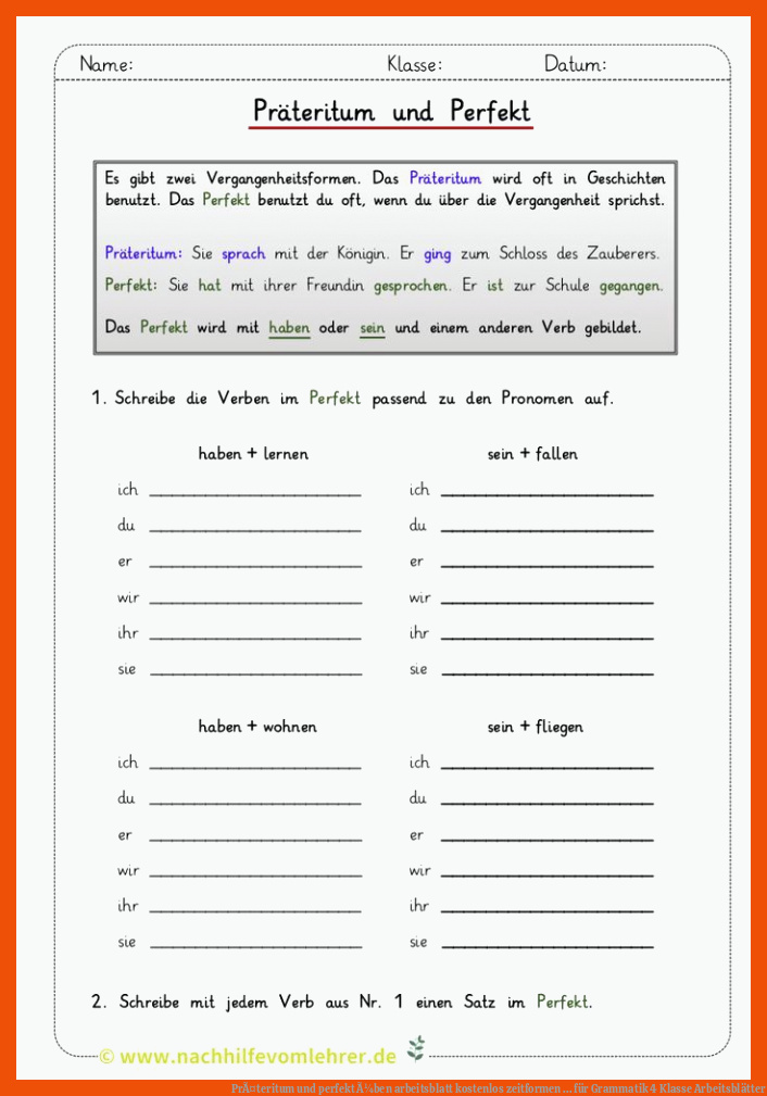 PrÃ¤teritum und perfekt Ã¼ben arbeitsblatt kostenlos zeitformen ... für grammatik 4 klasse arbeitsblätter