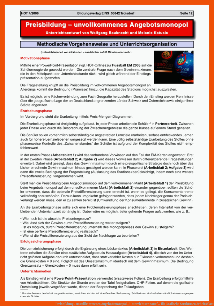Preisbildung - unvollkommenes Angebotsmonopol - Unterrichtsentwurf ... für grafische strukturen arbeitsblatt