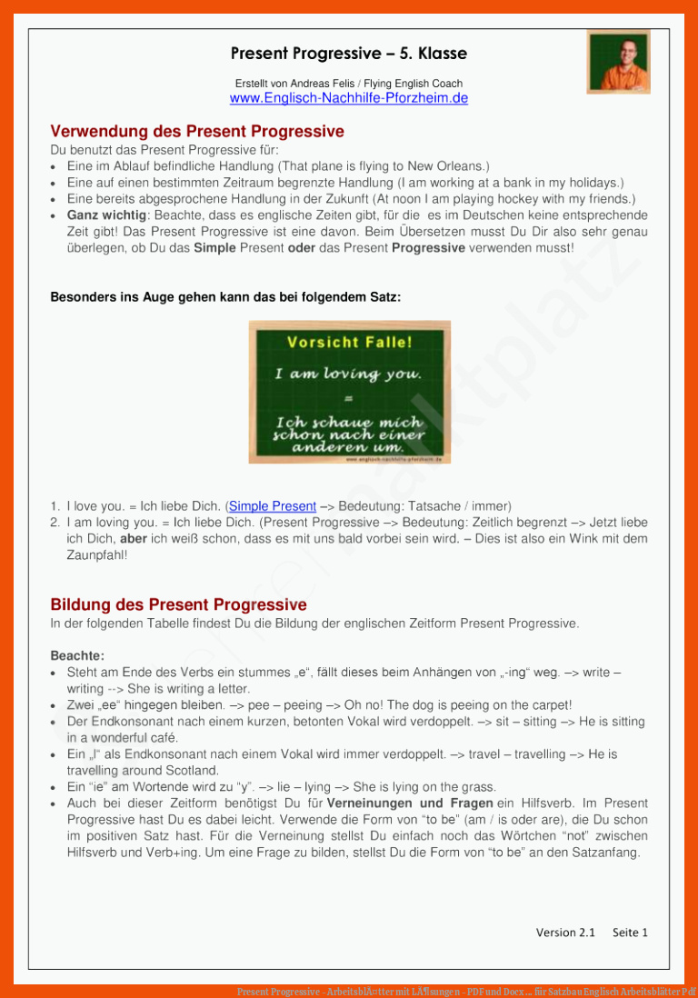 Present Progressive - ArbeitsblÃ¤tter mit LÃ¶sungen - PDF und Docx ... für satzbau englisch arbeitsblätter pdf
