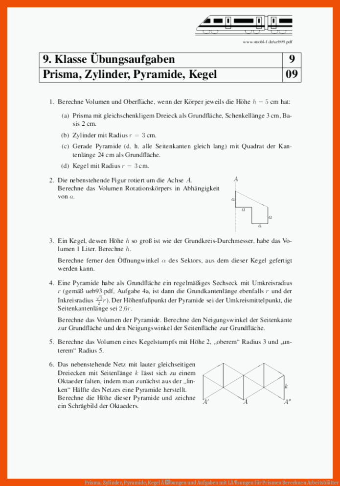 Prisma, Zylinder, Pyramide, Kegel Ãbungen und Aufgaben mit LÃ¶sungen für prismen berechnen arbeitsblätter