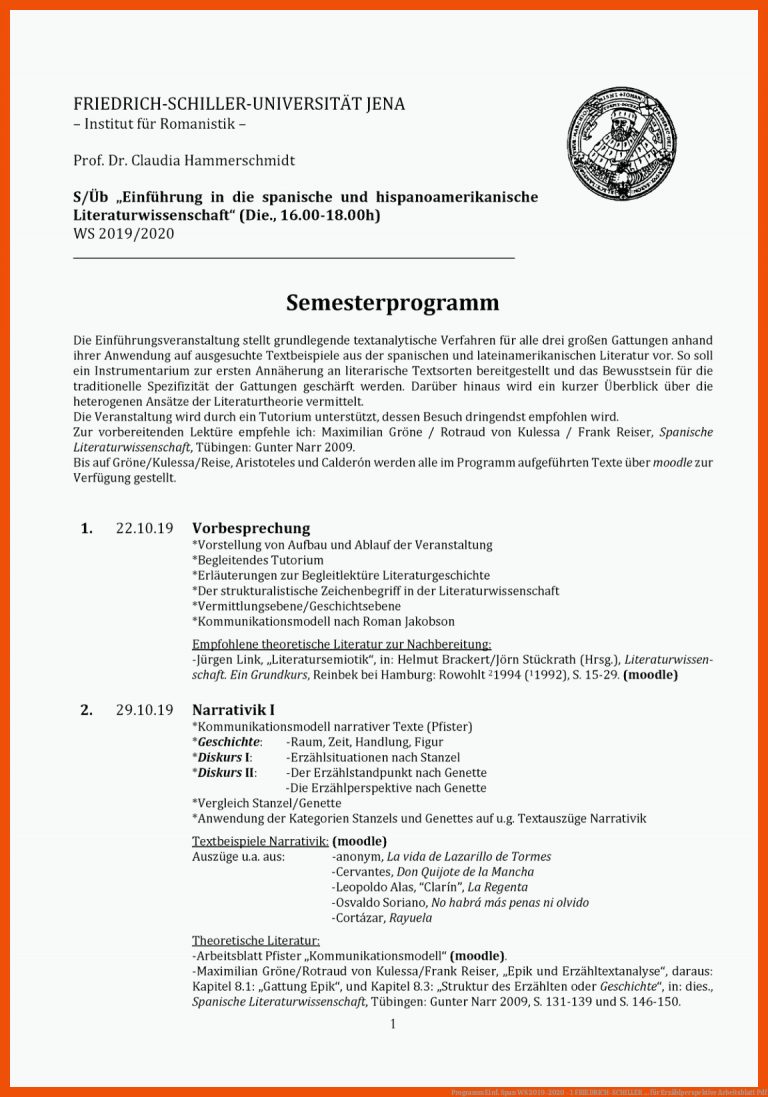 Programm Einf. Span WS 2019-2020 - 1 FRIEDRICH-SCHILLER ... für erzählperspektive arbeitsblatt pdf
