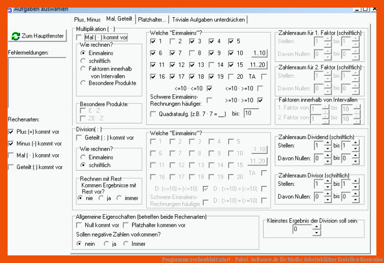 Programme:rechenblatt:start - Pabst-Software.de für mathe arbeitsblätter erstellen kostenlos