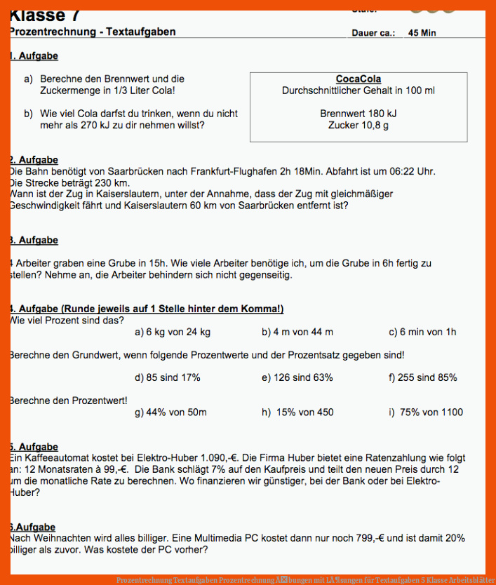 Prozentrechnung Textaufgaben | Prozentrechnung Ãbungen mit LÃ¶sungen für textaufgaben 5 klasse arbeitsblätter