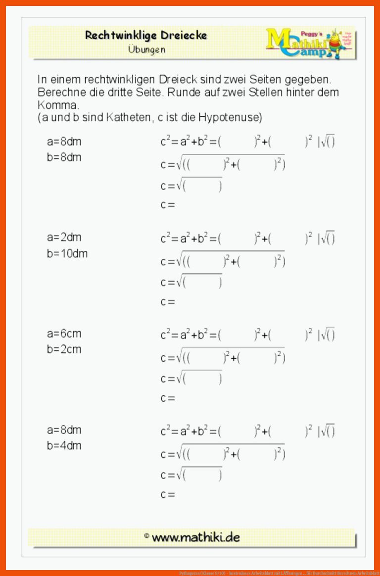 Pythagoras (Klasse 9/10) - kostenloses Arbeitsblatt mit LÃ¶sungen ... für durchschnitt berechnen arbeitsblatt