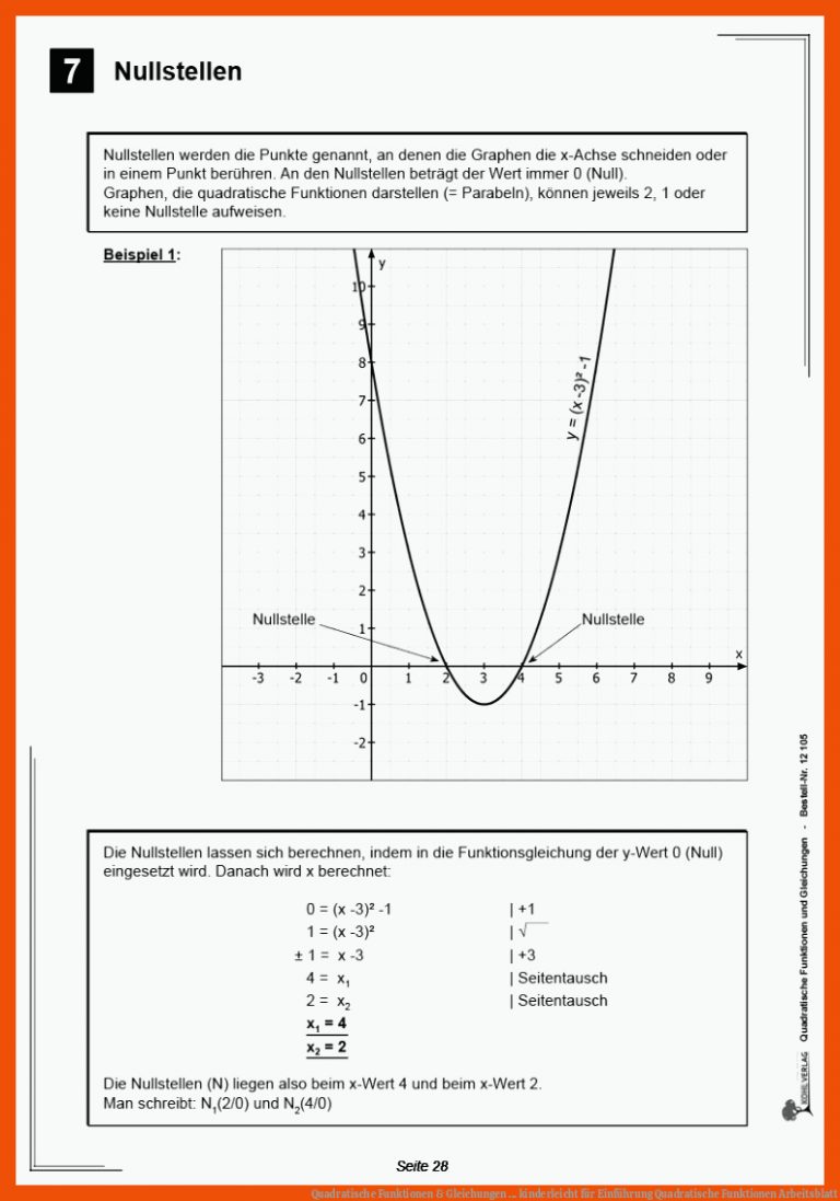 Quadratische Funktionen & Gleichungen ... kinderleicht für einführung quadratische funktionen arbeitsblatt