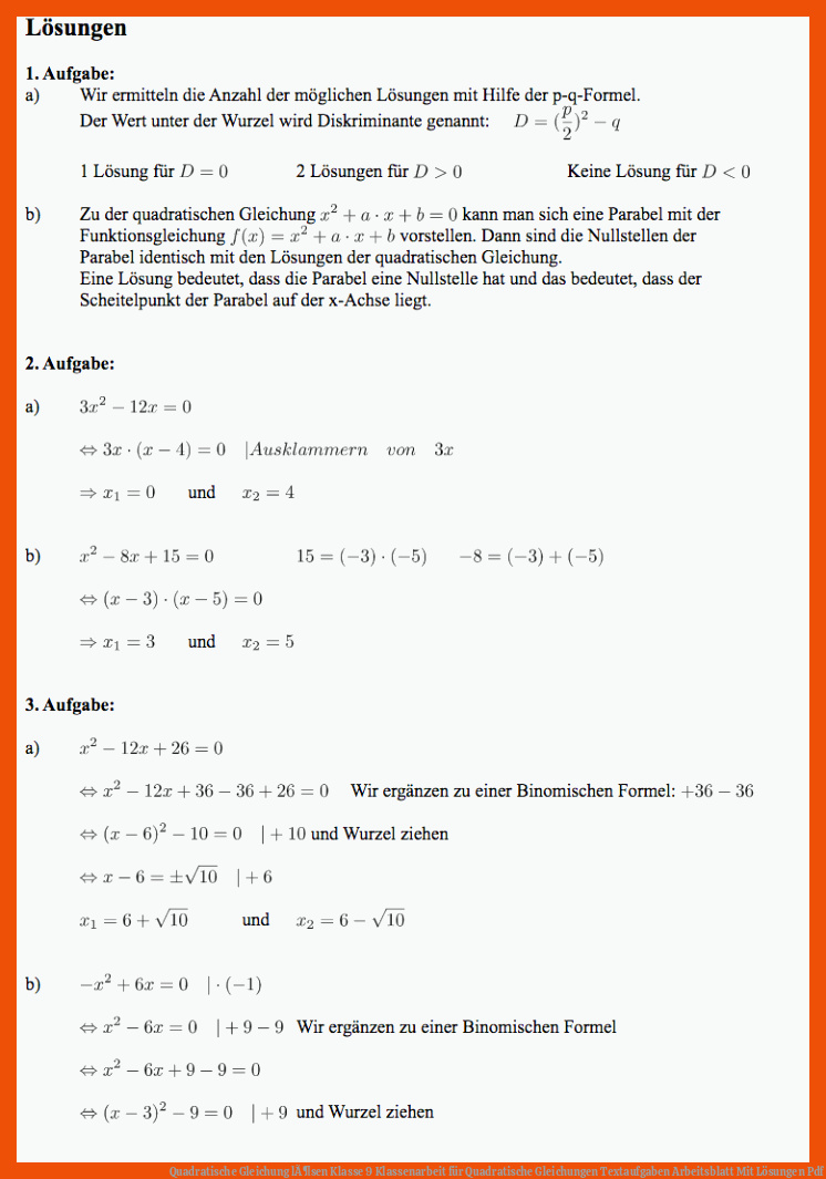 Quadratische Gleichung lÃ¶sen Klasse 9 Klassenarbeit für quadratische gleichungen textaufgaben arbeitsblatt mit lösungen pdf