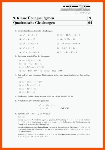 Quadratische Gleichungen Textaufgaben Arbeitsblatt Mit Lösungen Pdf