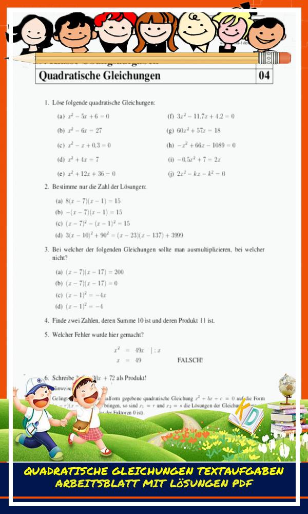 Quadratische Gleichungen Textaufgaben Arbeitsblatt Mit Lösungen Pdf