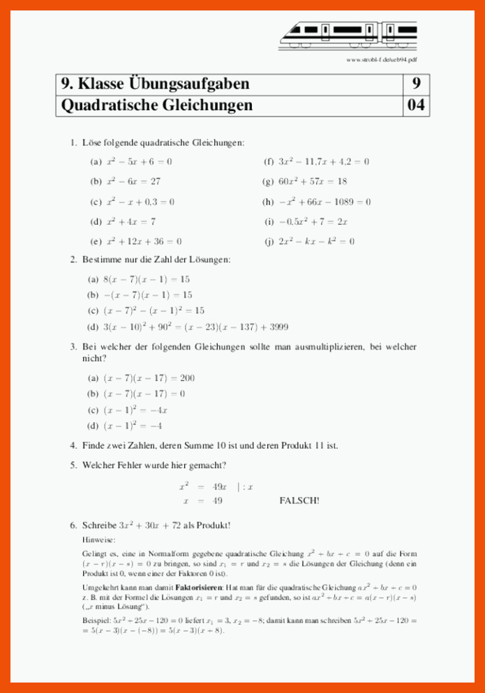 Quadratische Gleichungen Aufgaben mit LÃ¶sungen | PDF Download für quadratische gleichungen textaufgaben arbeitsblatt mit lösungen pdf