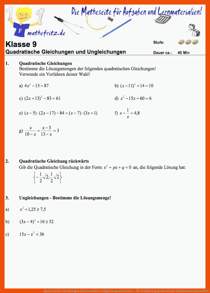 Quadratische Gleichungen Klassenarbeit: Aufgaben quadratische ... für einführung quadratische funktionen arbeitsblatt