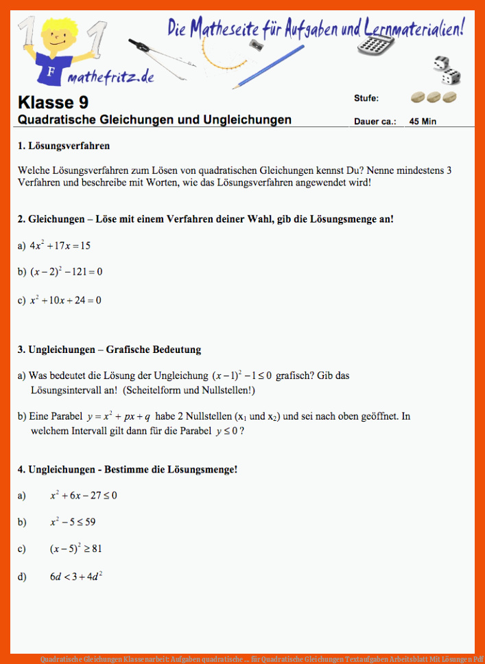 Quadratische Gleichungen Klassenarbeit: Aufgaben quadratische ... für quadratische gleichungen textaufgaben arbeitsblatt mit lösungen pdf