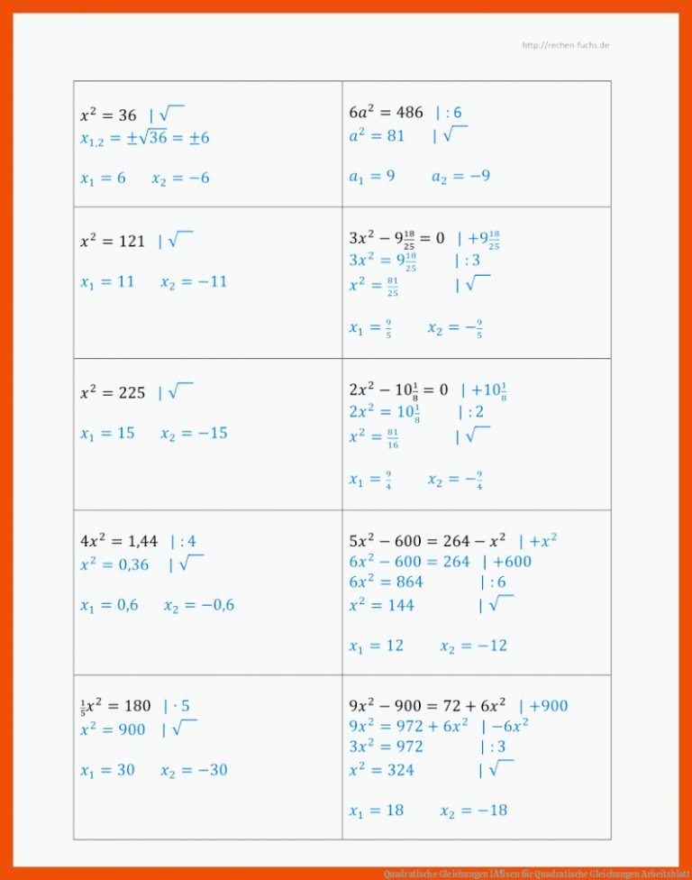 Quadratische Gleichungen lÃ¶sen für quadratische gleichungen arbeitsblatt