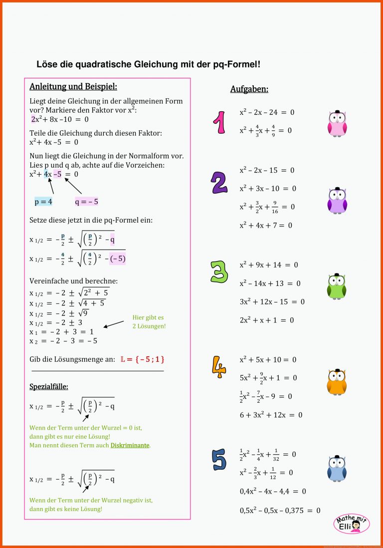 Quadratische Gleichungen Mit Der Pq formel LÃ¶sen ... Fuer Pq-formel Arbeitsblatt