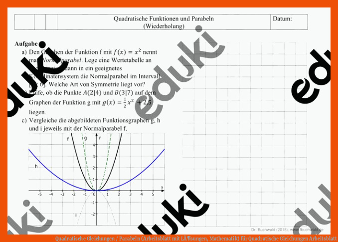Quadratische Gleichungen / Parabeln (Arbeitsblatt mit LÃ¶sungen, Mathematik) für quadratische gleichungen arbeitsblatt
