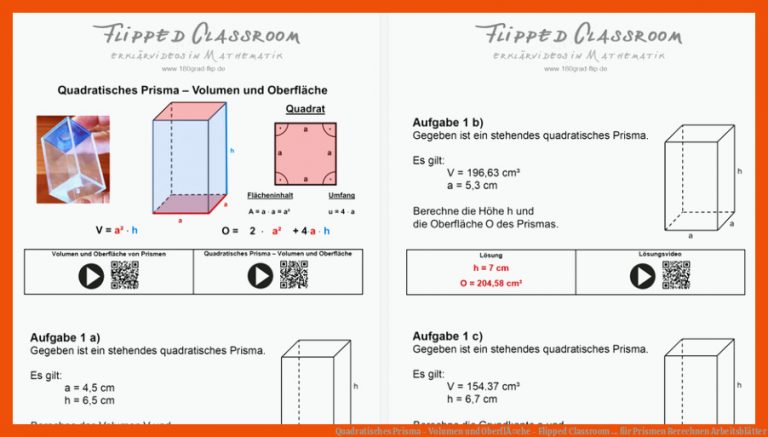 Quadratisches Prisma - Volumen und OberflÃ¤che - Flipped Classroom ... für prismen berechnen arbeitsblätter