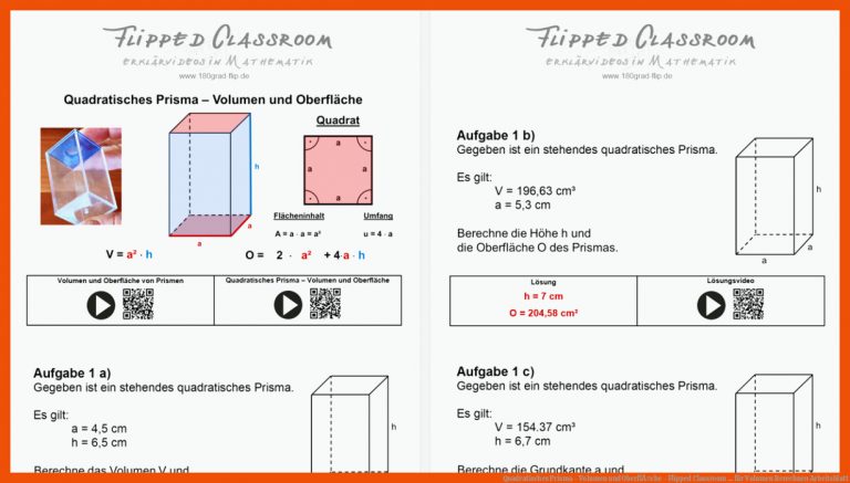 Quadratisches Prisma - Volumen und OberflÃ¤che - Flipped Classroom ... für volumen berechnen arbeitsblatt