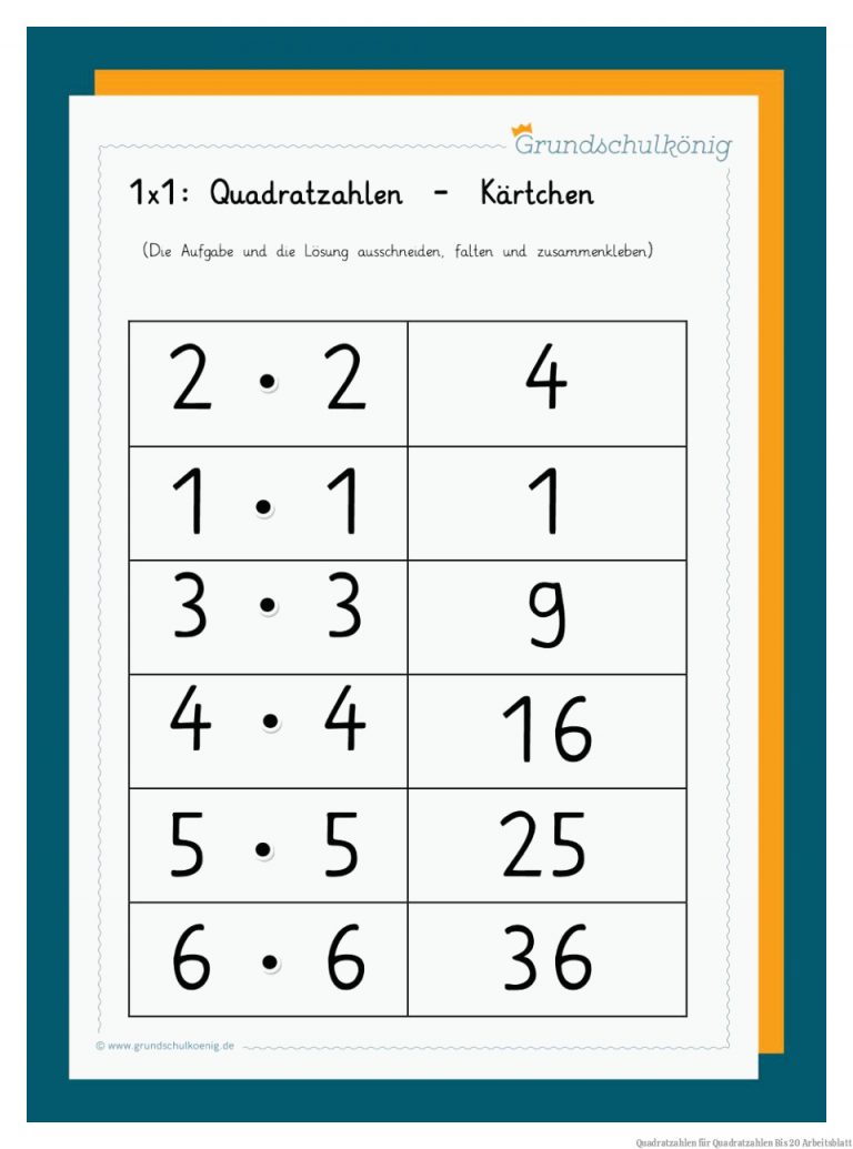 Quadratzahlen für Quadratzahlen Bis 20 Arbeitsblatt