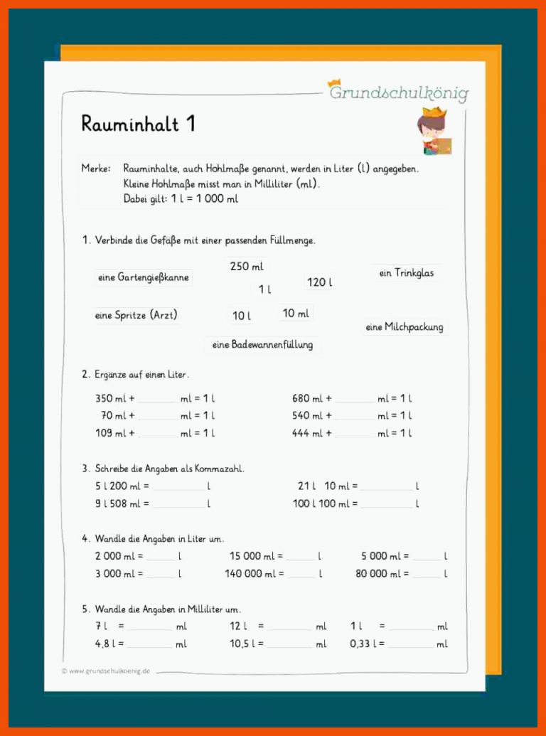 Rauminhalt / Liter / HohlmaÃe für arbeitsblätter mathematik klasse 4 kostenlos