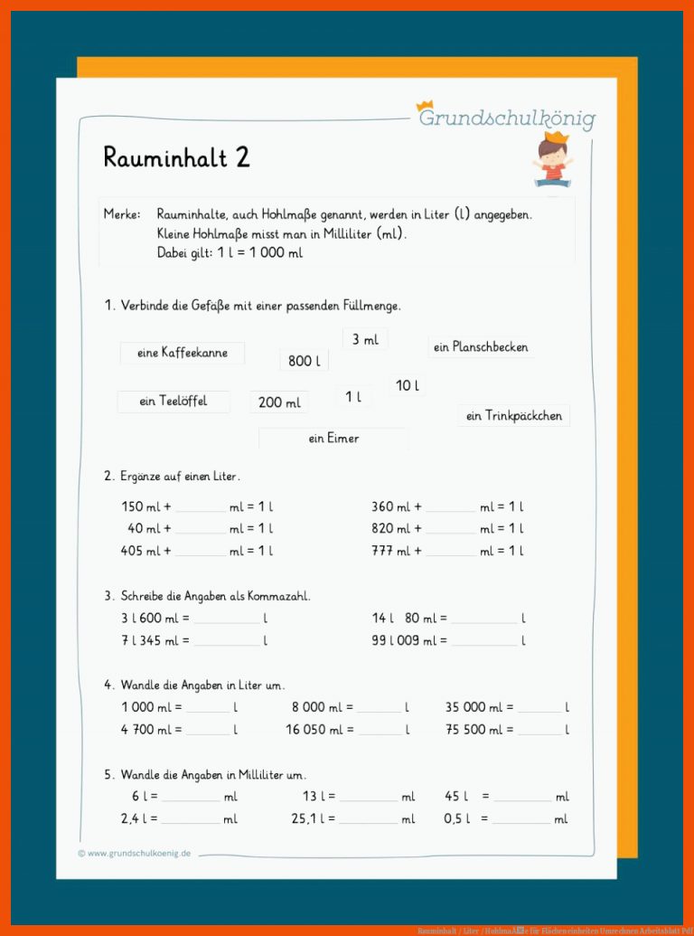 Rauminhalt / Liter / HohlmaÃe für flächeneinheiten umrechnen arbeitsblatt pdf