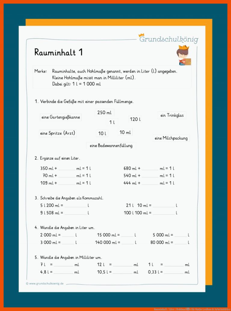 Rauminhalt / Liter / HohlmaÃe für mathe lexikon at arbeitsblätter