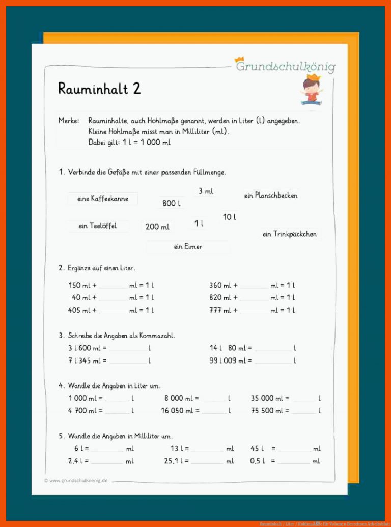 Rauminhalt / Liter / HohlmaÃe Fuer Volumen Berechnen Arbeitsblatt