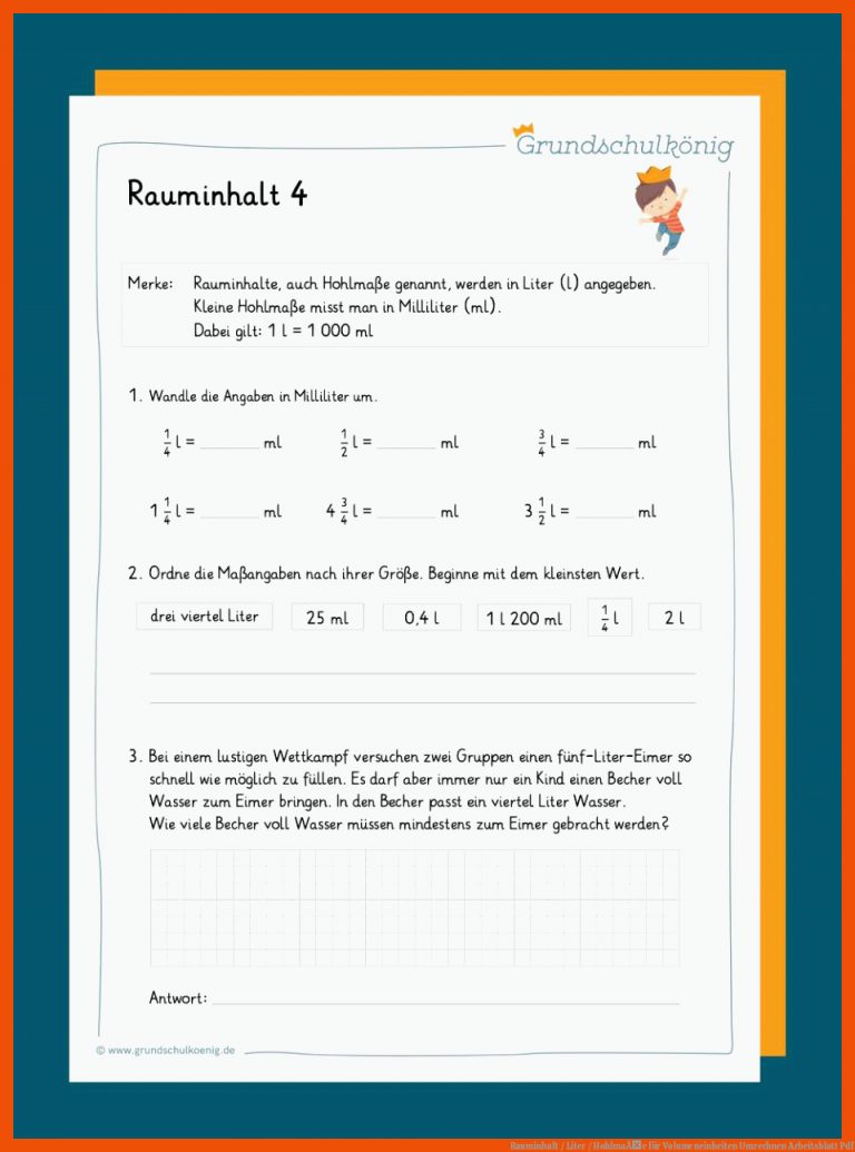 Rauminhalt / Liter / HohlmaÃe für volumeneinheiten umrechnen arbeitsblatt pdf