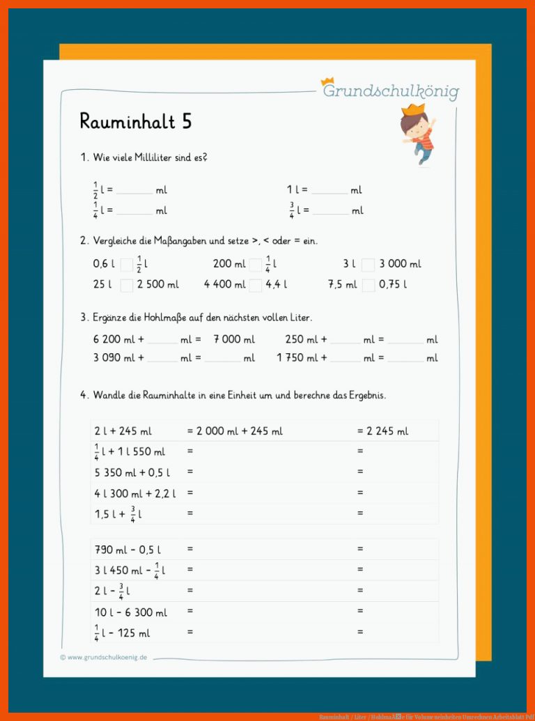 Rauminhalt / Liter / HohlmaÃe für volumeneinheiten umrechnen arbeitsblatt pdf