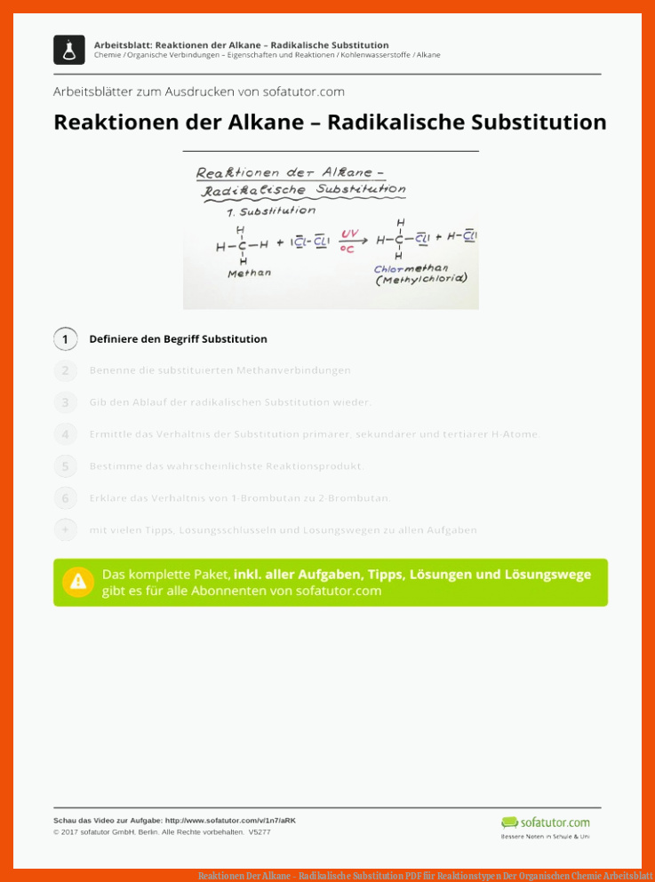 Reaktionen Der Alkane - Radikalische Substitution | PDF für reaktionstypen der organischen chemie arbeitsblatt