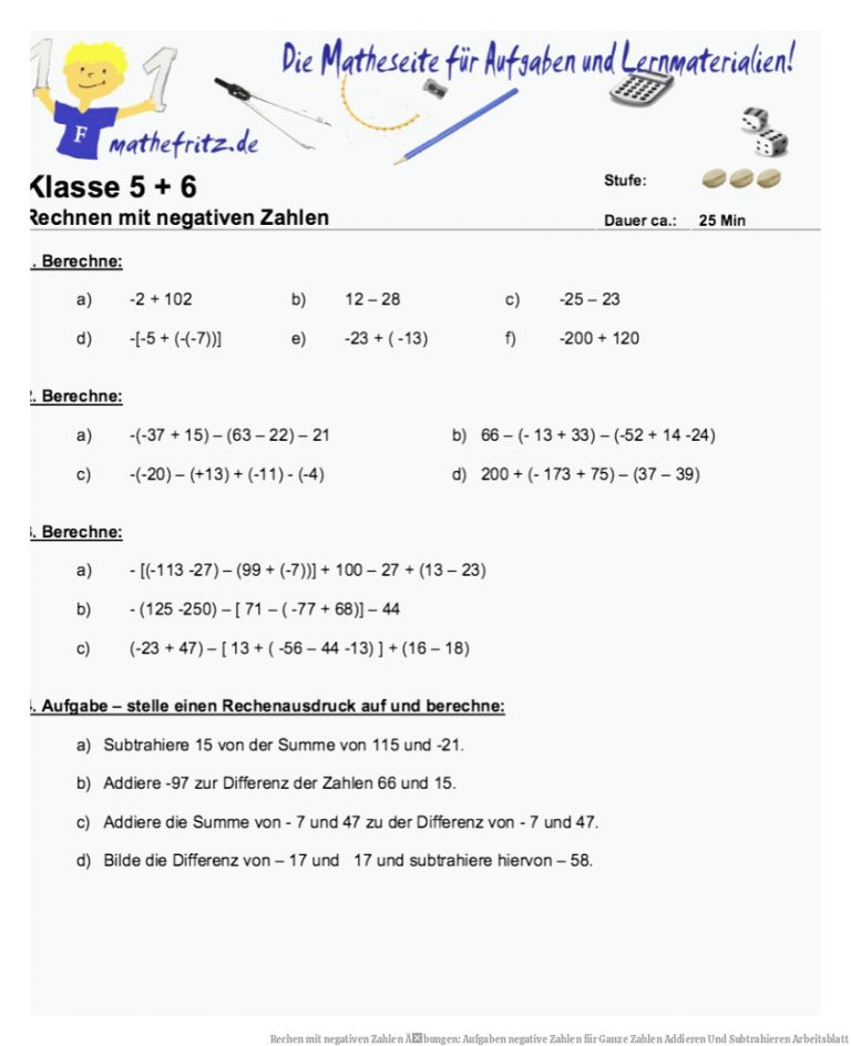 Rechen mit negativen Zahlen Ãbungen: Aufgaben negative Zahlen für Ganze Zahlen Addieren Und Subtrahieren Arbeitsblatt