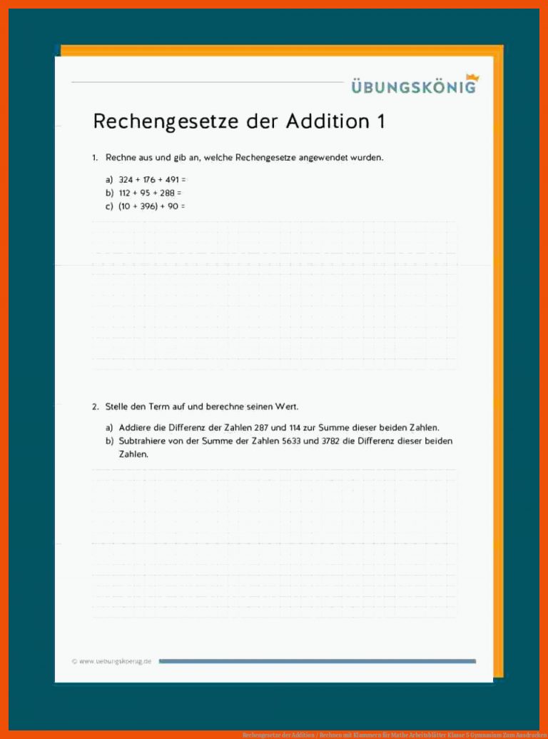 Rechengesetze der Addition / Rechnen mit Klammern für mathe arbeitsblätter klasse 5 gymnasium zum ausdrucken