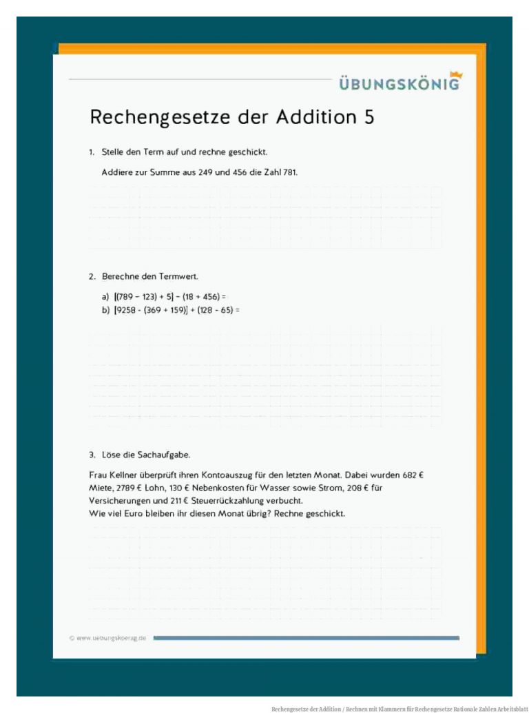 Rechengesetze der Addition / Rechnen mit Klammern für Rechengesetze Rationale Zahlen Arbeitsblatt