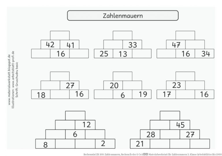 Rechenmini ZR 100: Zahlenmauern, RechenrÃ¤der & Co â Materialwerkstatt für Zahlenmauern 3. Klasse Arbeitsblätter Bis 1000