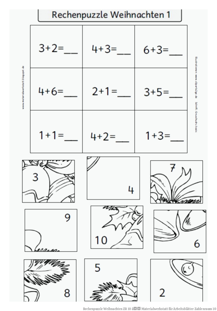 Rechenpuzzle Weihnachten ZR 10 â Materialwerkstatt für Arbeitsblätter Zahlenraum 10