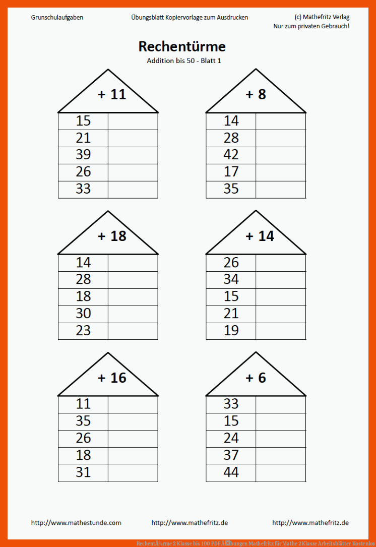 RechentÃ¼rme 2 Klasse bis 100 | PDF Ãbungen Mathefritz für mathe 2 klasse arbeitsblätter kostenlos