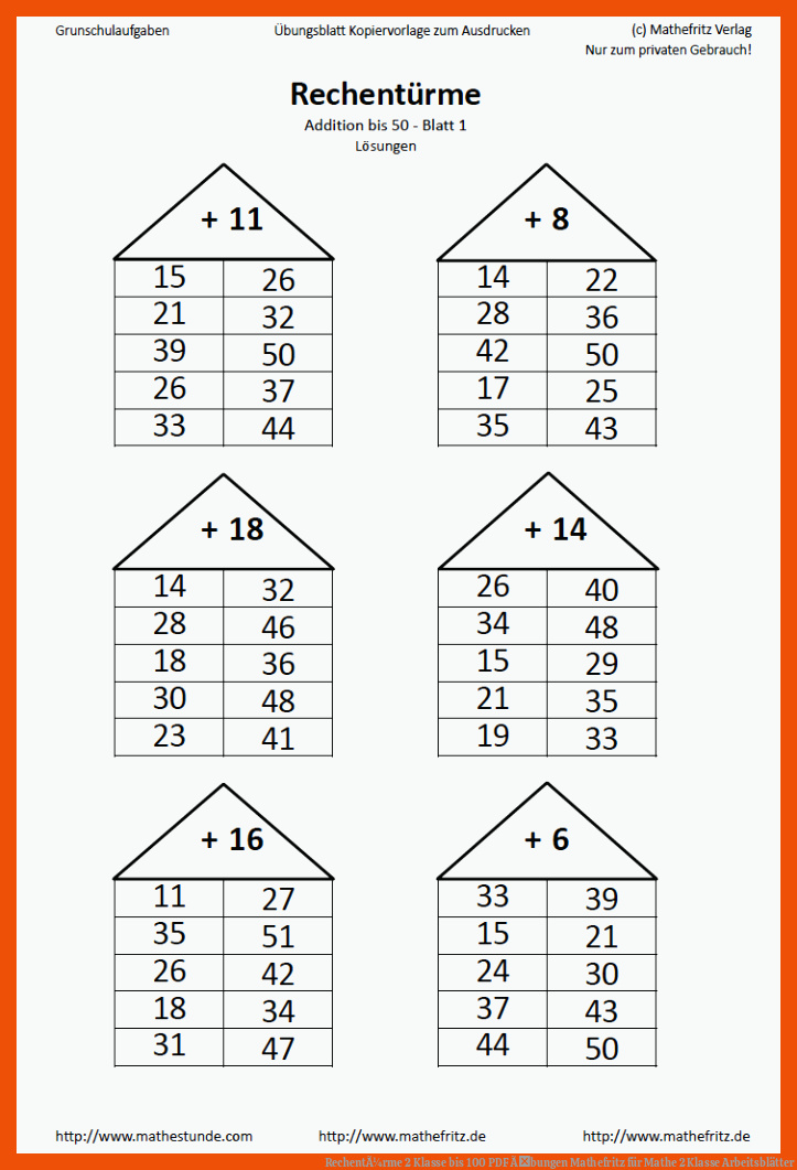 RechentÃ¼rme 2 Klasse bis 100 | PDF Ãbungen Mathefritz für mathe 2 klasse arbeitsblätter