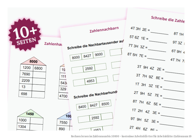 Rechnen lernen im Zahlenraum bis 10000 ~ kostenlose ArbeitsblÃ¤tter für Arbeitsblätter Zahlenraum 10