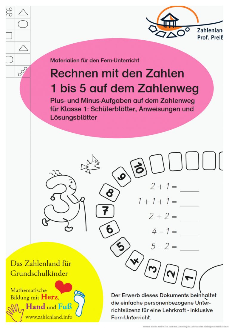 Rechnen Mit Den Zahlen 1 Bis 5 Auf Dem Zahlenweg Fuer Zahlenland Im Kindergarten Arbeitsblätter