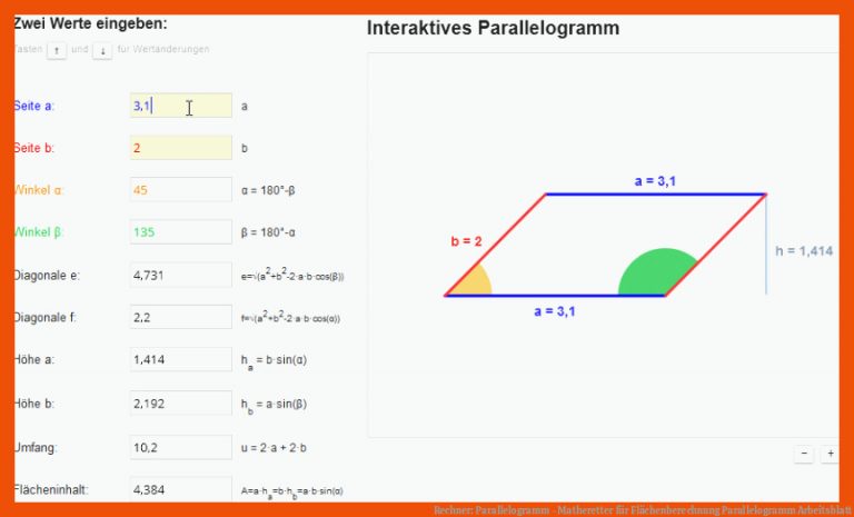 Rechner: Parallelogramm - Matheretter für flächenberechnung parallelogramm arbeitsblatt