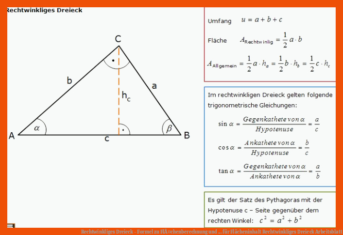 Rechtwinkliges Dreieck - Formel zu FlÃ¤chenberechnung und ... für flächeninhalt rechtwinkliges dreieck arbeitsblatt